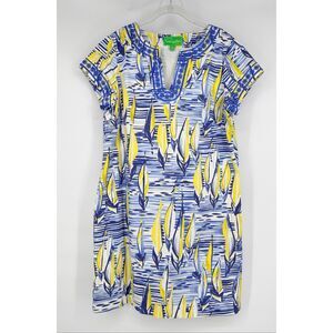 Pappagallo Tori Sailboat Lagoon Shift Dress Blue Yellow Size 12 Nautical Preppy